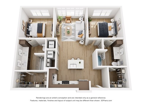 Floor plan for 2 beds, 2 baths, 1055 sqft